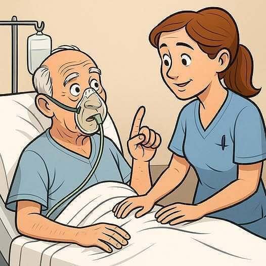 A man was lying in a hospital bed, hooked up to oxygen, recovering from surgery. A young student nurse came in to give him a partial sponge bath. Through the mask, he mumbled, “Nurse… are my testicles black?” The nurse froze—flustered. “Sir, I’m only assigned to clean your upper body and feet,” she said softly. But the man insisted again, “Please… can you check? Are my testicles black?” Worried his anxiety might affect his recovery, she hesitated—but decided to help. Gently, she pulled back the covers, lifted his gown, and carefully examined everything. After a thorough check, she said kindly, “Sir, everything looks perfectly normal. No signs of anything wrong.” The man slowly lifted his oxygen mask, gave a weak grin, and said…⬇