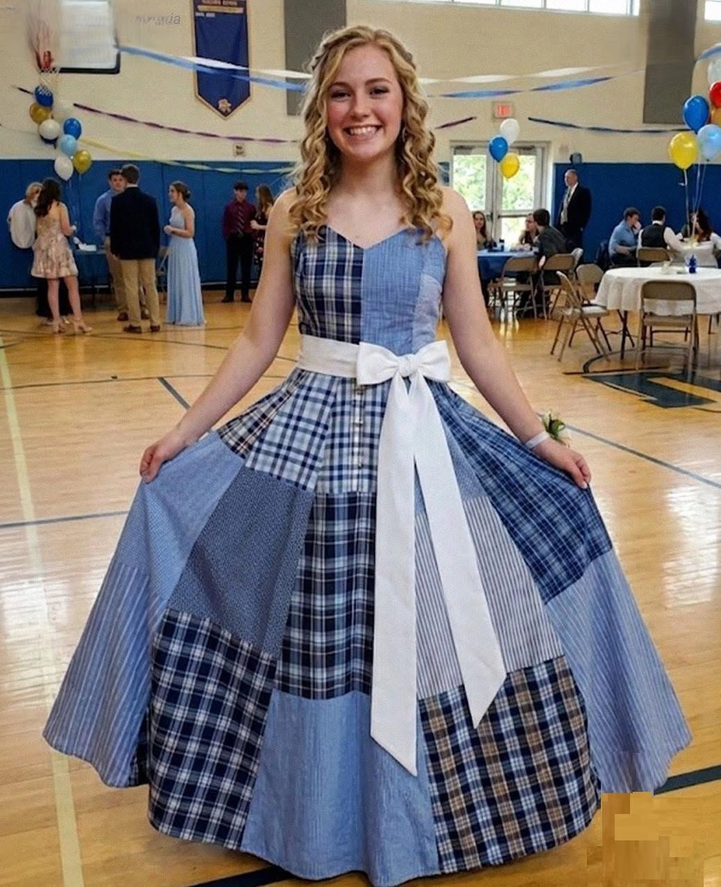I sewed a dress from my dad’s shirts for prom in his honor — my classmates laughed, but then the principal took the microphone, and the entire room fell silent.