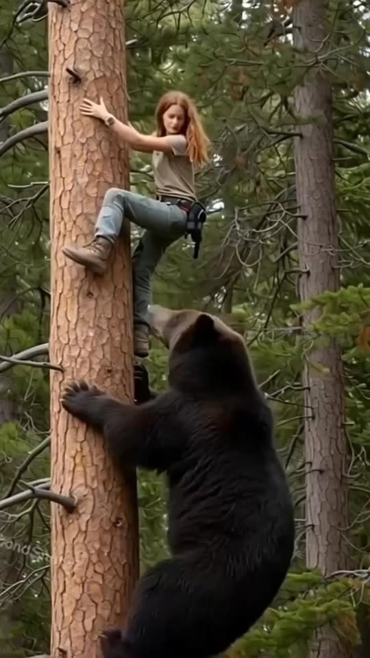 A woman had a terrifyingly close encounter with a grizzly bear while walking her dog at a wilderness camp in Alberta, Canada.