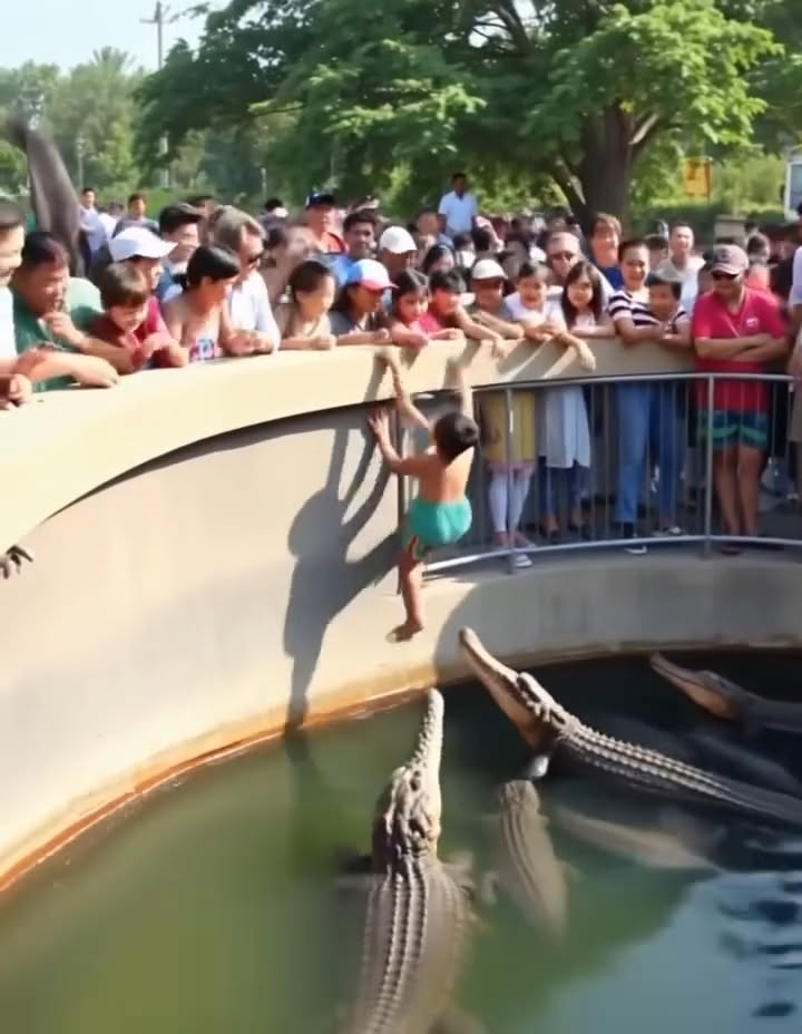 TERRIFYING FALL! BOY PLUNGES INTO CROCODILE POOL! Watch: [in comment]